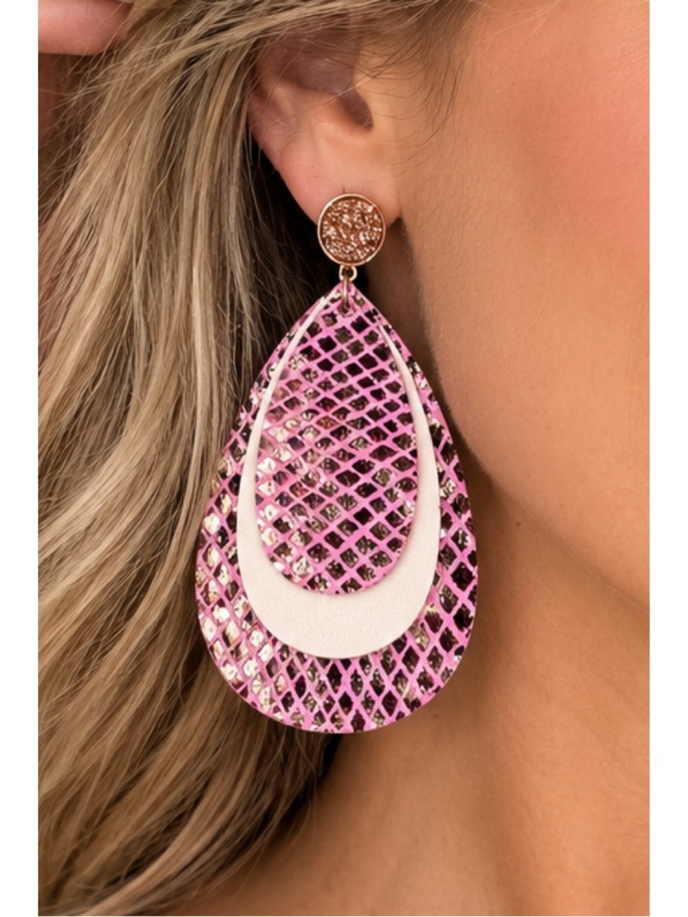 Pink Faux Leather Teardrop Earrings